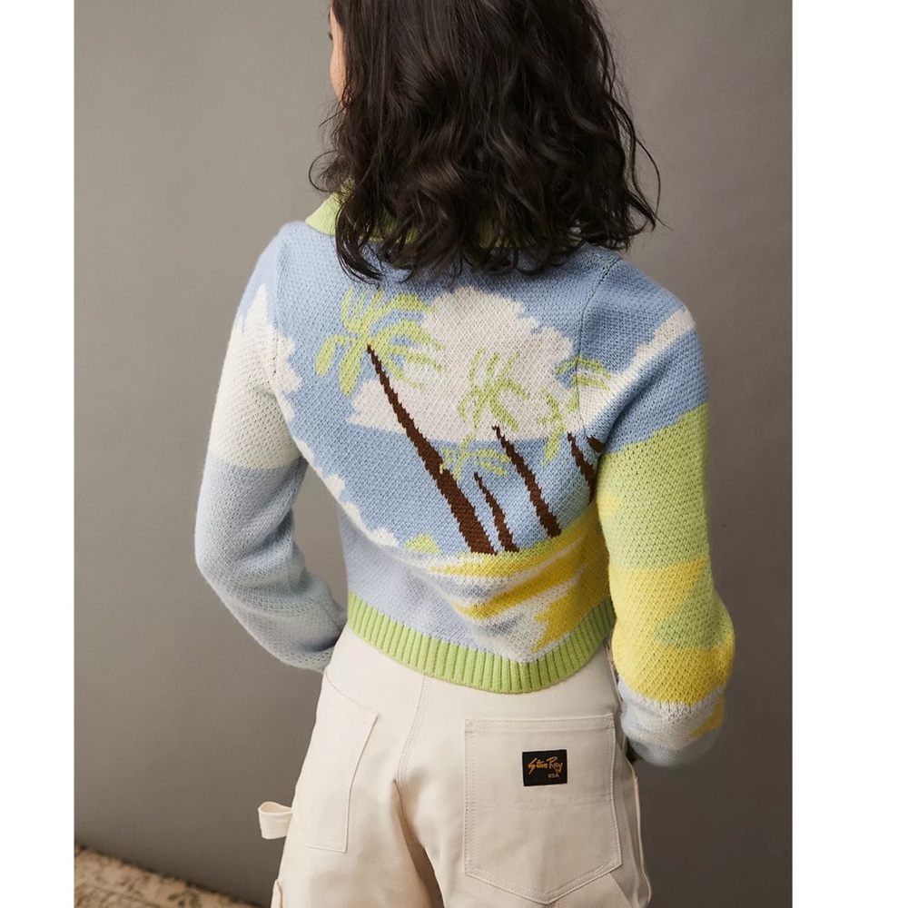 HOUSE OF SUNNY Lime Green Blue Tropical Knit Cropped Collared Cardigan Sweater - Picture 10 of 17